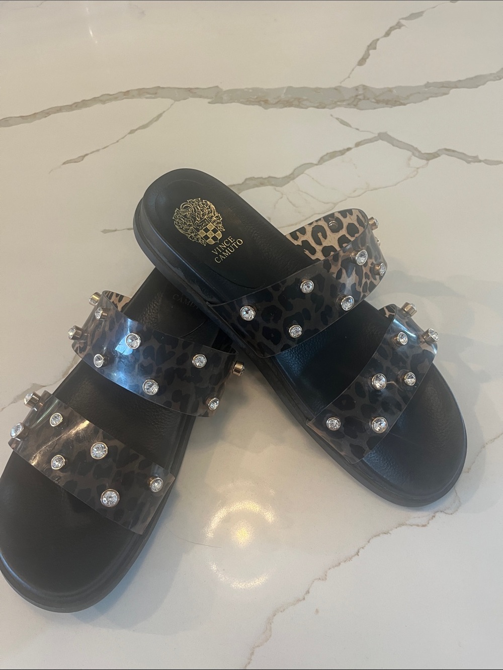 Vince Camuto Black Leopard Print Jeweled Double-Strap Slide Sandals